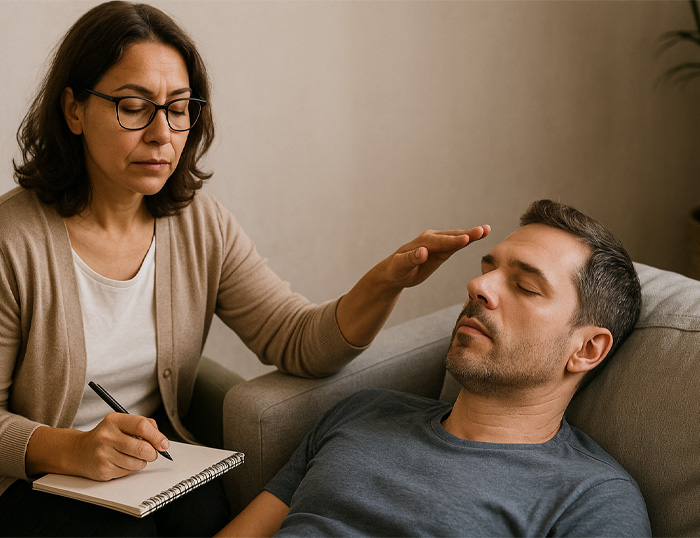 Terapeuta haciendo analisis consciencia con terapia regresiva a un paciente